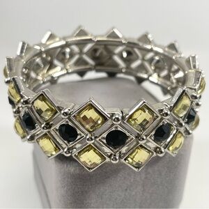 Stunning Unsigned Silver Tone Yellow Black Rhinestone Stretch Bracelet